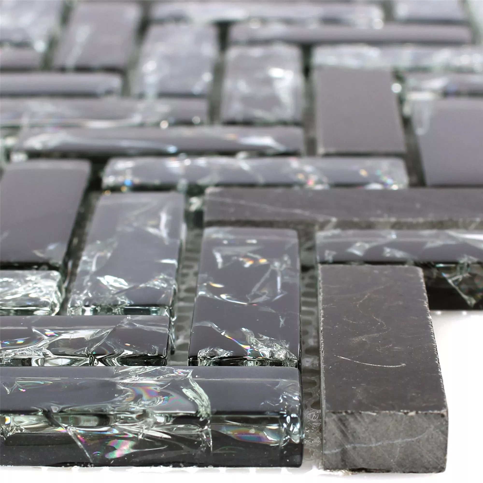 Sample Mozaïektegels Glas Natuursteen Malawi Zwart Visgraat
