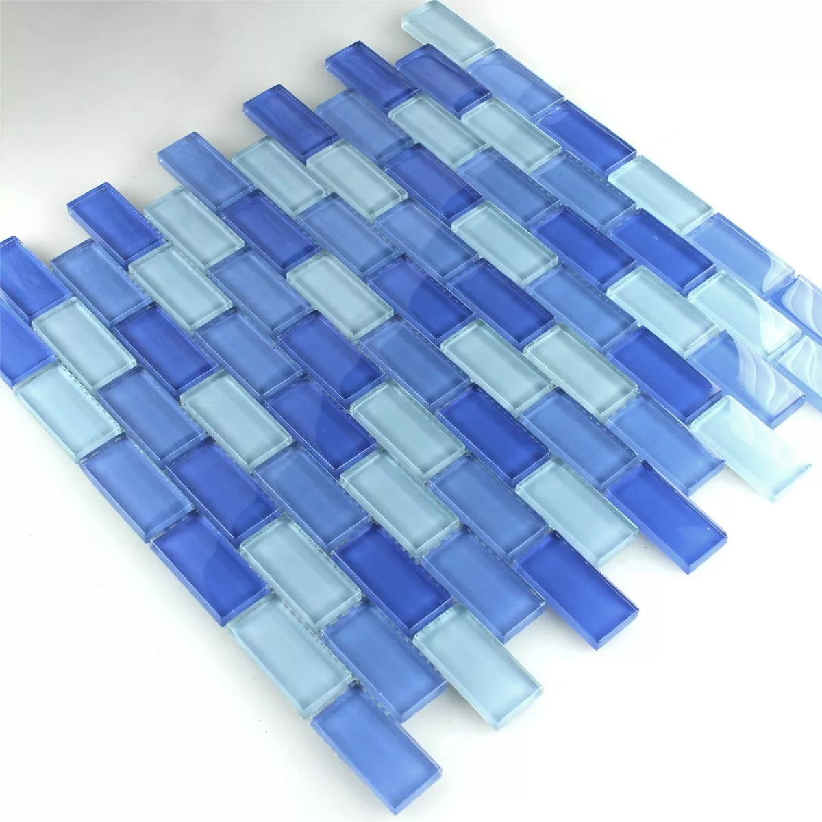 Mosaïque Verre Brick Bleu Clair Mix 25x50x8mm