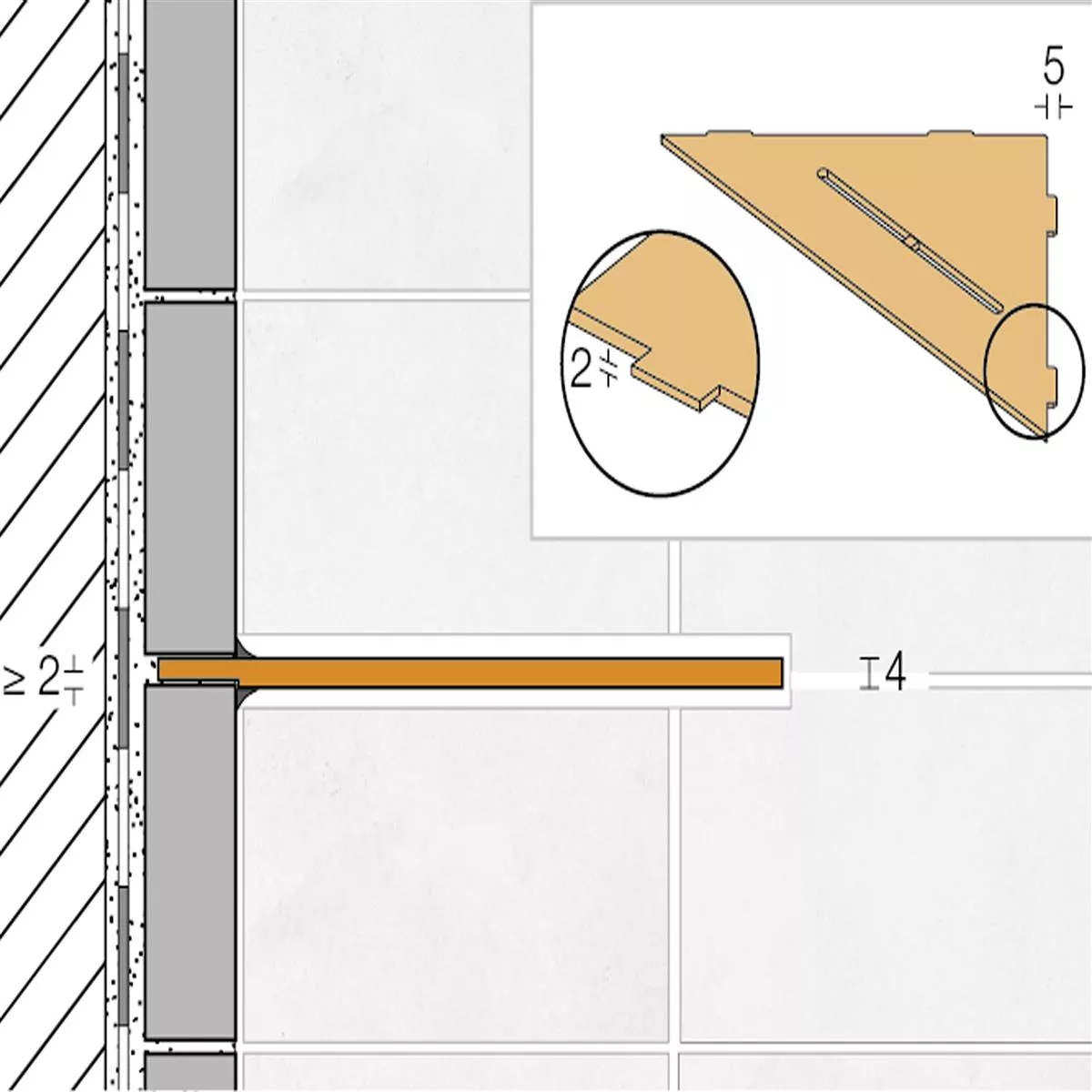 Wandplank doucheplank Schlüter driehoek 21x21cm golf ivoor