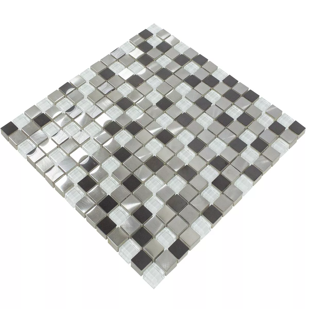 Échantillon Verre Métal Acier Inoxydable Mosaïque Carrelage Stella Blanc Argent