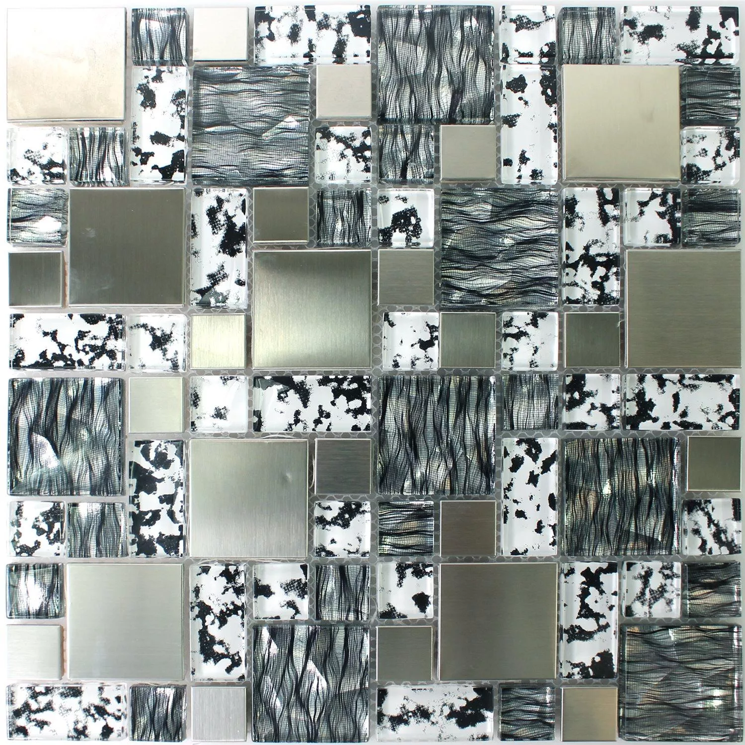 Échantillon Verre Acier Inoxydable Mosaïque Rio Noir Argent Blanc